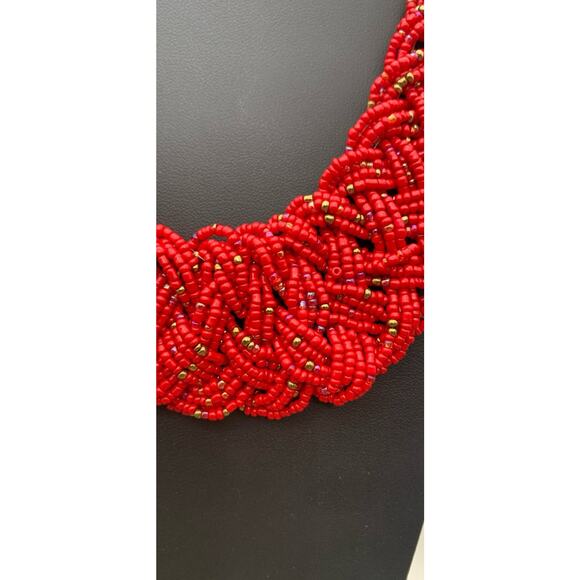 Coral Red And Iridescent Braided Seed Bead Necklace Boho Beauty - Picture 3 of 4